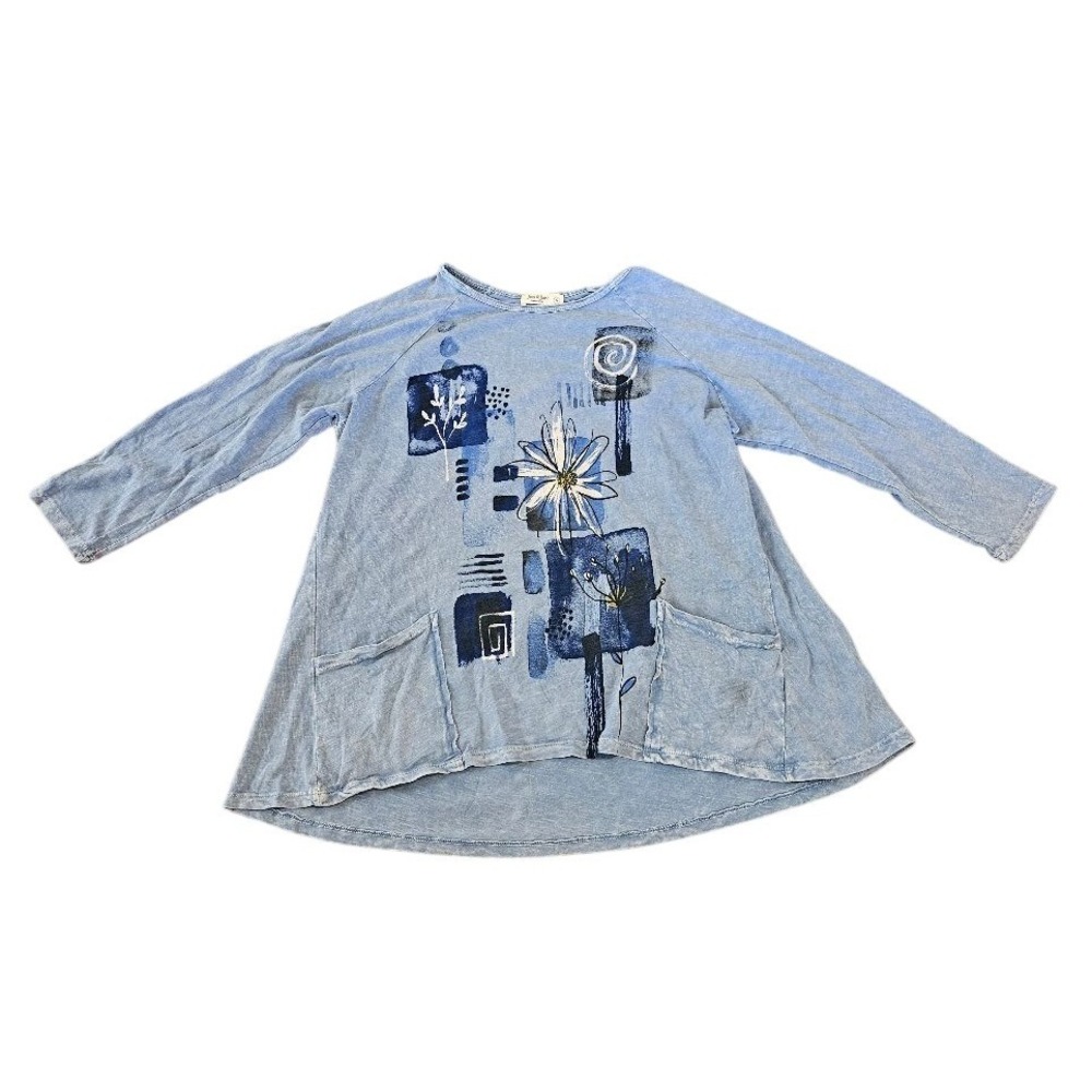 Jess & Jane Blue Mineral Wash Floral Graphic Tunic Top Pockets Small Artsy